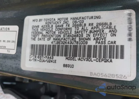 2003 Toyota Camry Xle z USA, uszkodzony, nr VIN 4T1BE32K43U781009